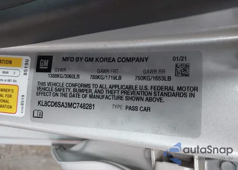 2021 Chevrolet Spark Fwd 1Lt Automatic z USA, uszkodzony, nr VIN KL8CD6SA3MC748281